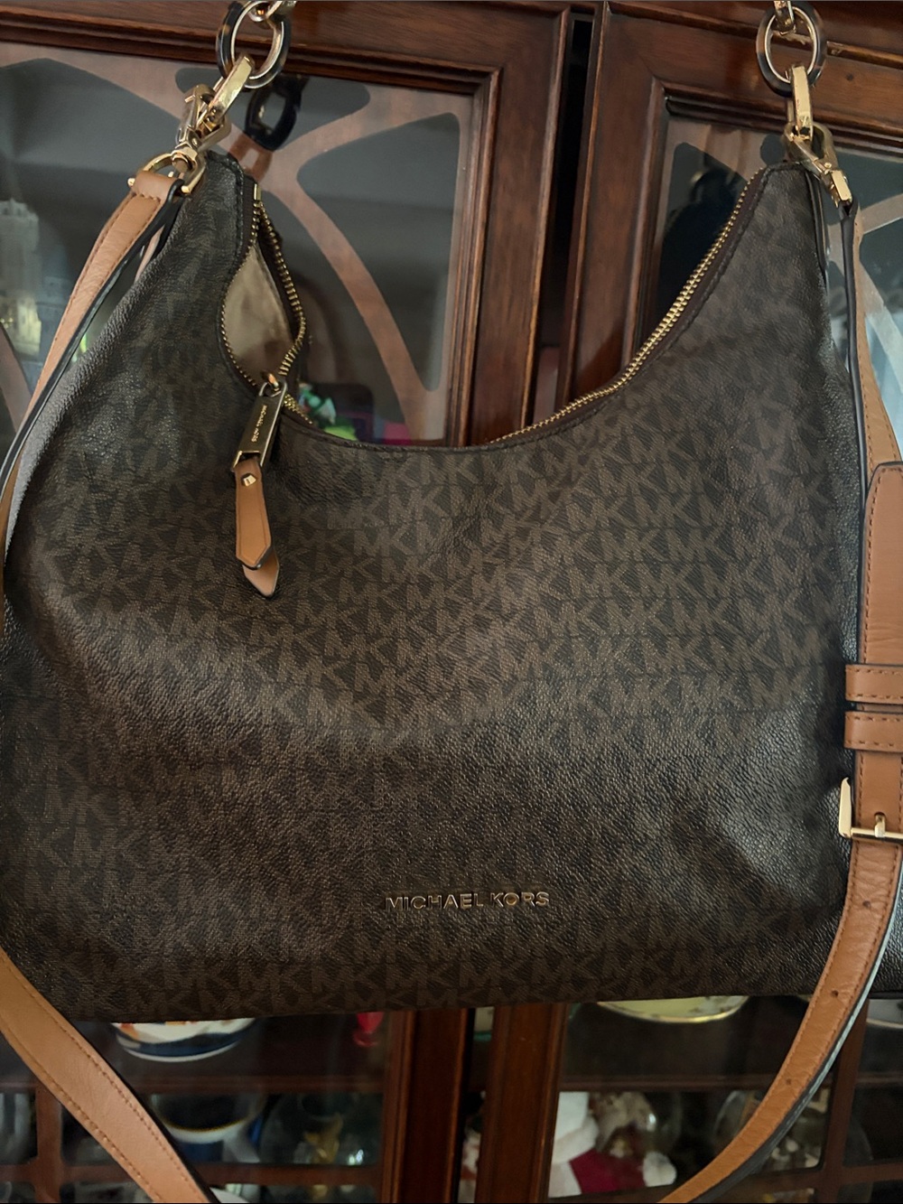 Michael Kors Dark Brown Logo Hobo Shoulder Bag with Tan Trim